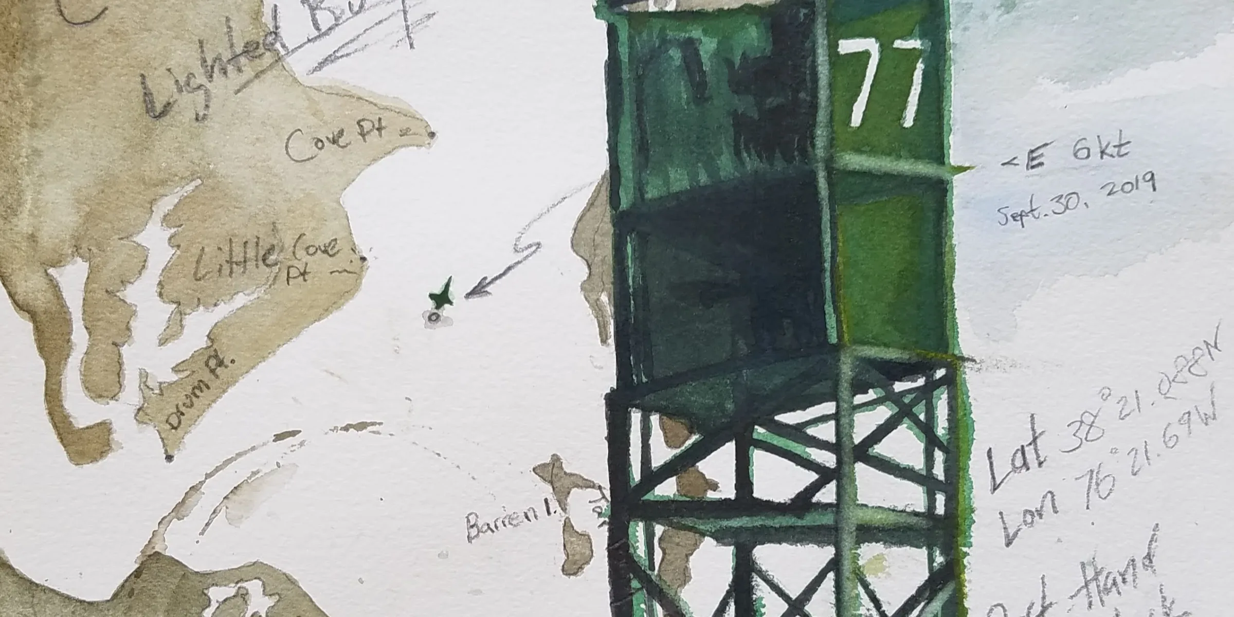 Watercolor painting of Lighted Buoy 77 on the Chesapeake Bay